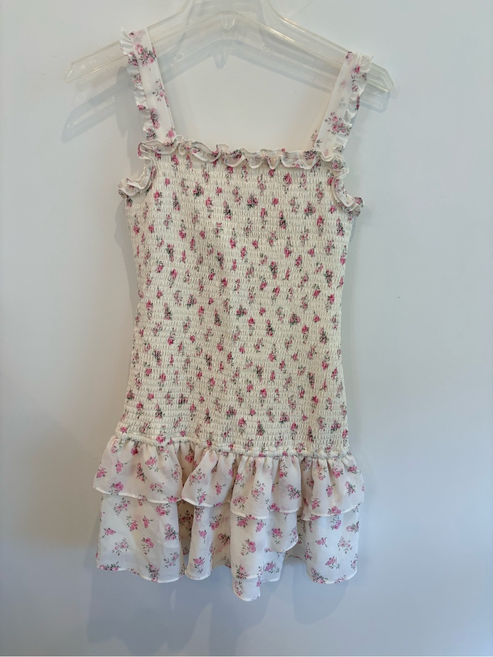 Smocked White Mini Dress with Pink Floral Print